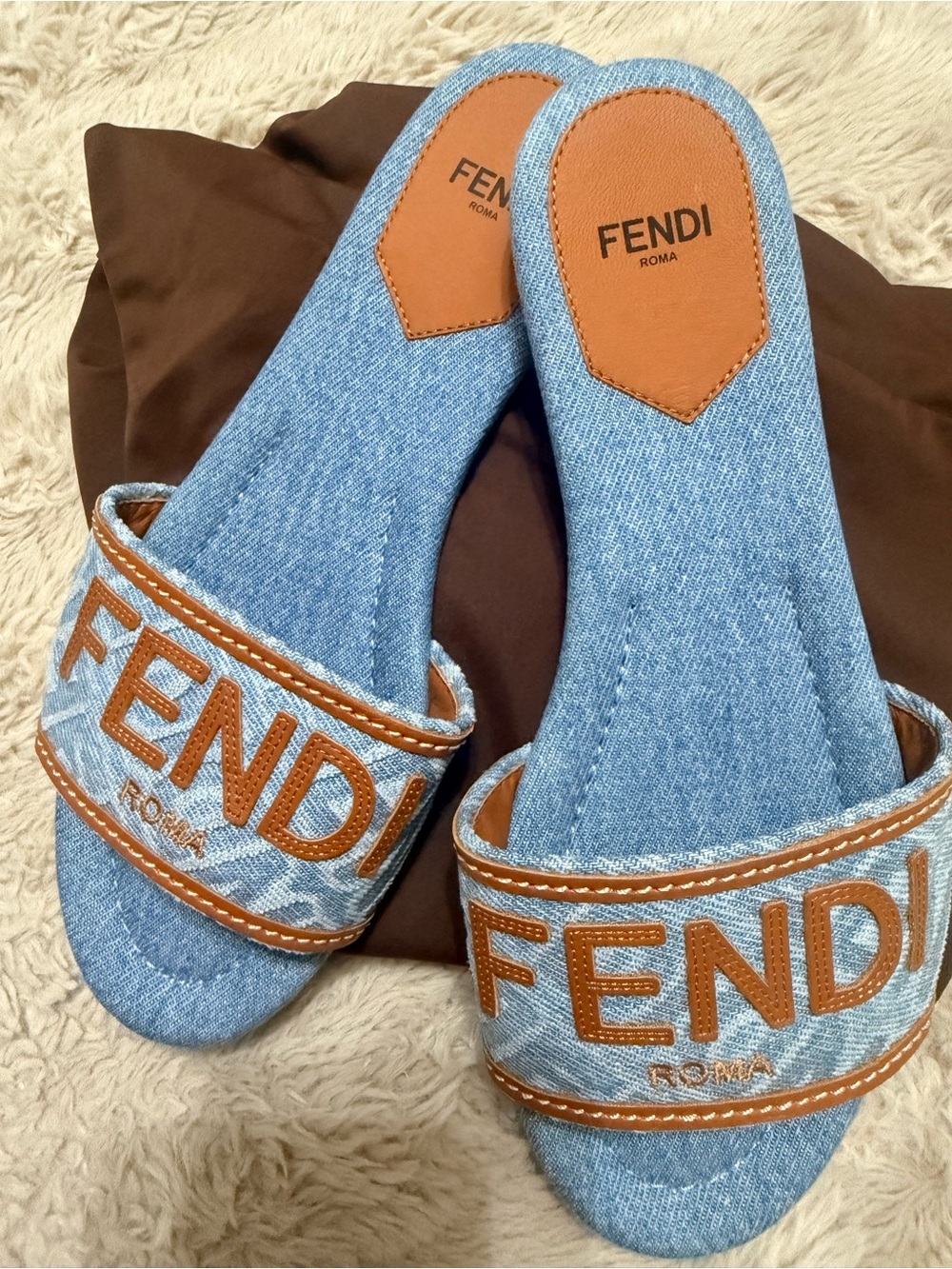 Fendi Denim Slide Sandals in Light Blue with Brown Trim & Logo